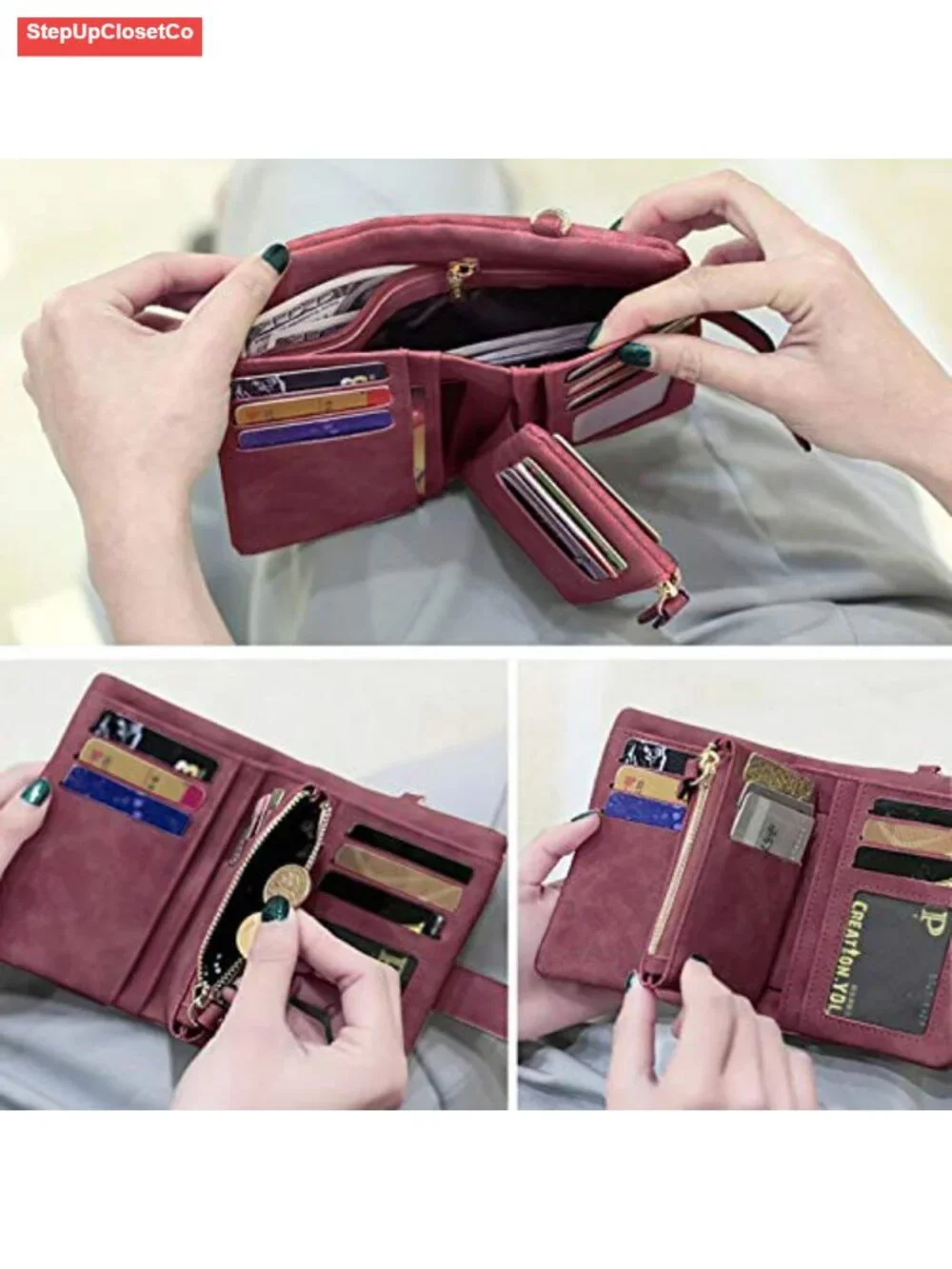 Womens RFID Bifold Leather Wallet Wristlet with 16 Card Slots Zipper Coin Purse